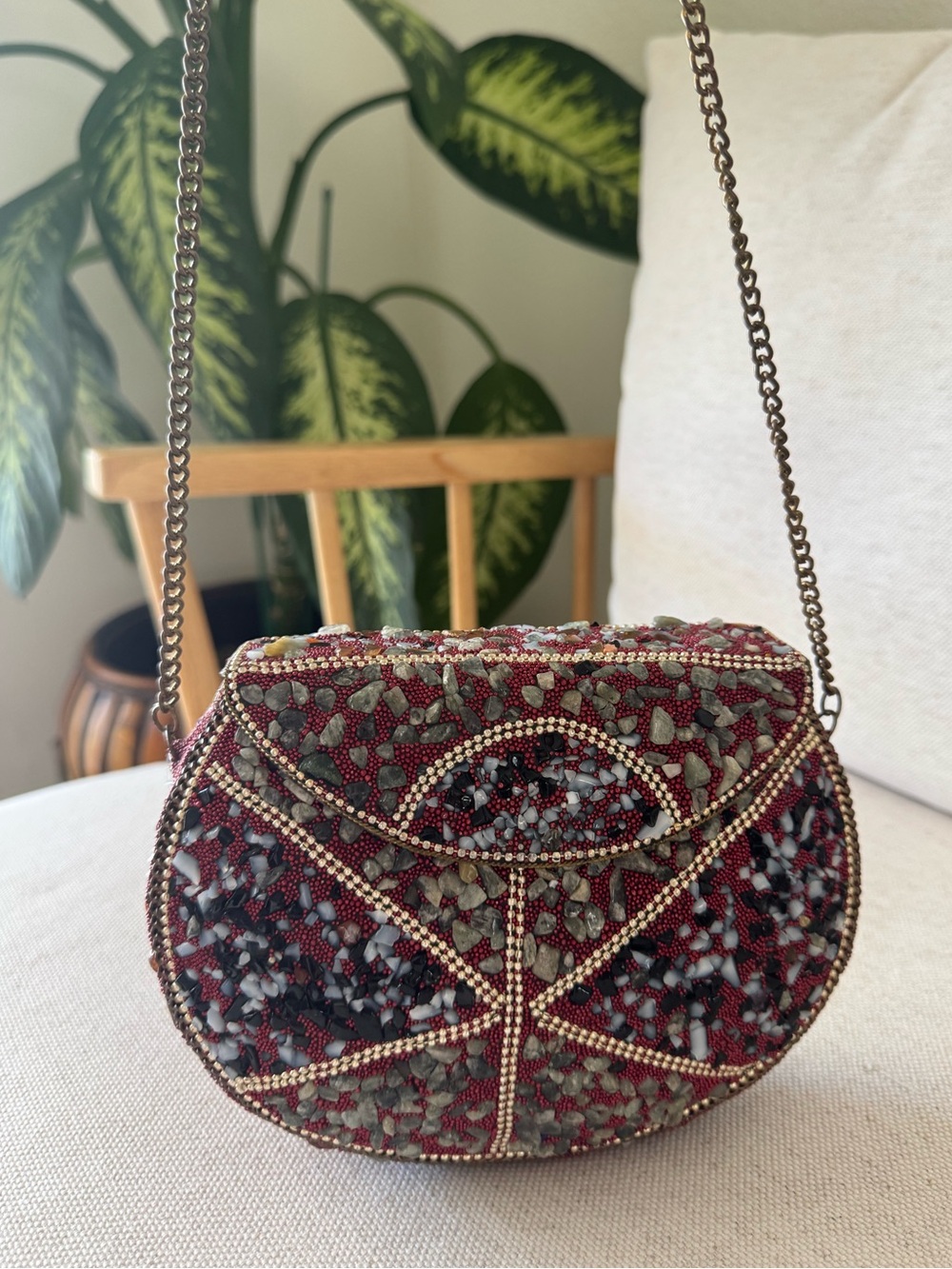 Beaded Mosaic Stone Red, Green, Blue, Gold Crossbody Evening Shoulder Bag Clutch